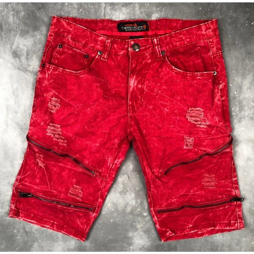 Copper Rivet Red Jean Shorts with Zippers, Size 32